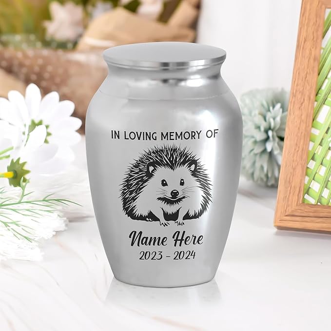 Artsy Woodsy Personalized Hedgehog Pet Memorial Cremation Mini Urn, Decorative Keepsake Small Urns for Ashes 2.56 inch, Remembrance Gifts for Pet Lovers in Loving Memory (01, 2.56x1.77)