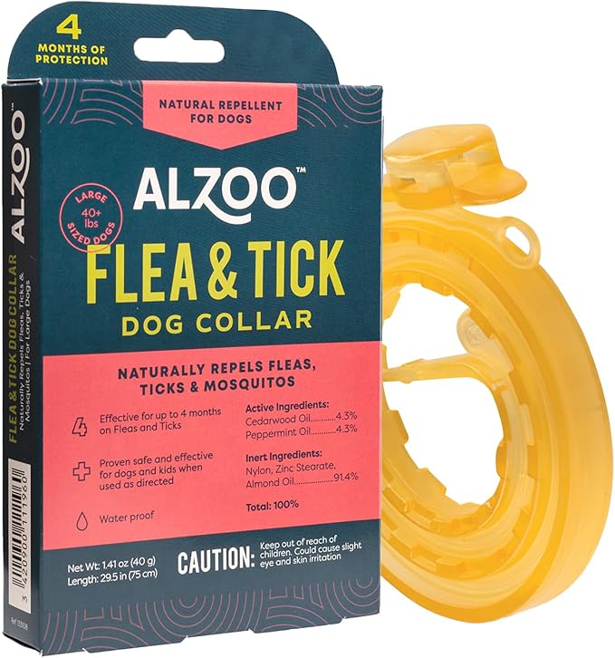 ALZOO Natural Flea & Tick Dog Collar - Helps Repel Fleas, Ticks & Mosquitoes - 100% Plant-Based Active Ingredients - Waterproof - Up to 4 Months Protection - Large-Sized Dogs: 40+ lbs - Single