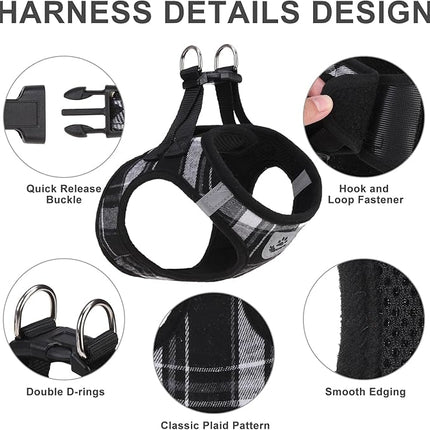 EXPAWLORER Classic Plaid Puppy Harness - Dog Collar and Leash - Soft Mesh Padded Adjustable Step in Small Dog Vest Harness No Pull, Reflective Escape Proof for Outdoor Walking, Black M