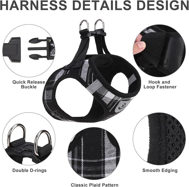 EXPAWLORER Classic Plaid Puppy Harness - Dog Collar and Leash - Soft Mesh Padded Adjustable Step in Small Dog Vest Harness No Pull, Reflective Escape Proof for Outdoor Walking, Black M
