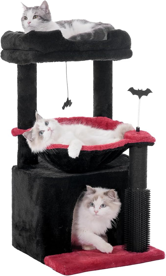 Gothic Cat Tree 32 Inches Small Cat Tree for Large Cats Adult Cat Tower with Scratching Post,15.7”Large Hammock and Self Groomer, and Removable Top Perch and Wide Condo for Indoor Cat-Gothic