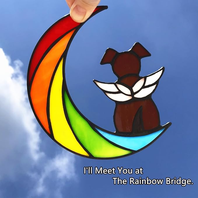 Stained Glass Rainbow Bridge Brown Dog Memorial Gifts for Loss of Dog Sympathy Remembrance Suncatcher, Thoughtful Pet Loss Bereavement Gifts in Memory of Pet Passing Away Window Hanging.