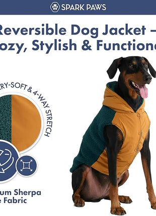 Spark Paws Reversible Fleece Dog Jacket, Hooded Sweater Vest, Warm Coat for Winter - Suitable for Small Medium Large XL XXL Dogs - Orange and Green - 3XL
