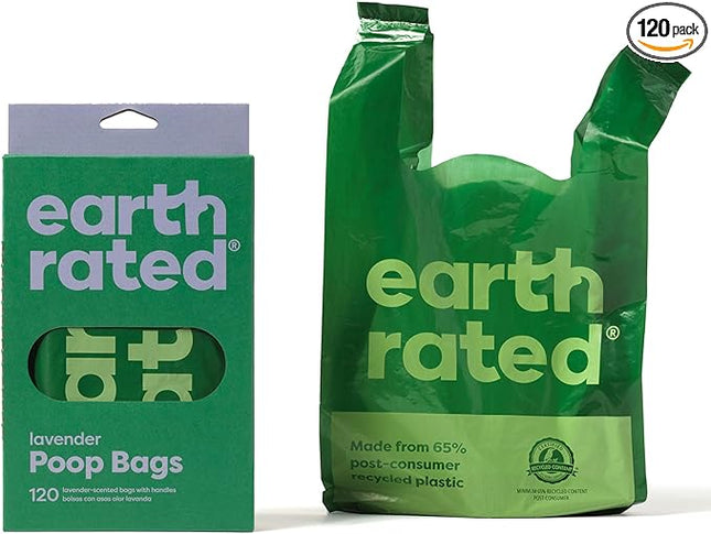 Earth Rated Dog Poop Bags with Handles, Extra Wide, Easy Tie and Guaranteed Leakproof, Lavender Scented, 120 Handle Bags