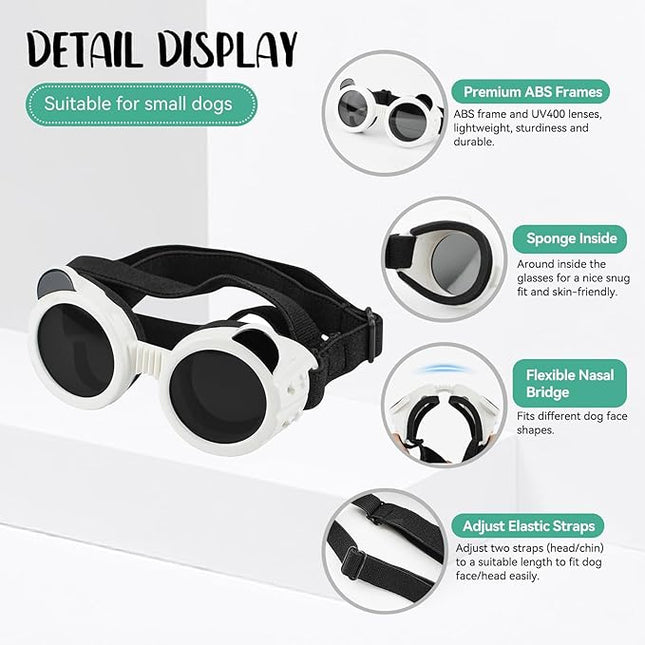 Lesypet Dog Sunglasses Small Breed, Dog Goggles for Small Dogs Eye Protection Windproof Doggie Glasses for Outdoor Driving Hiking UV Protection, White