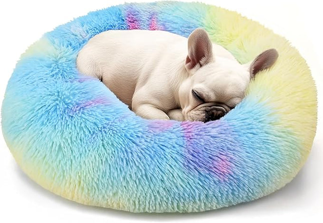 Dogs Bed for Small Dogs, Anti-Anxiety Washable Round Bed (Rainbow, 24.0" L x 24.0" W x 8.0" Th)