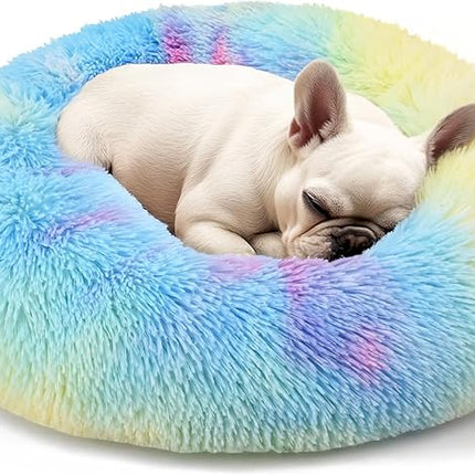 Hoewina Dog & Cat Bed, 20in Cat Beds for Indoor Cats, Calming Donut Bed for Puppy and Kitten, Washable Round Fluffy Pet Bed for Small Medium Dogs and Cats (Rainbow)