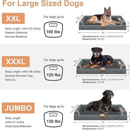Large Dog Bed Orthopedic Washable: Beds Bolster XL Bed Large Big Dogs Memory Foam Couch Sofa Waterproof with Removable Cover - Dark Grey