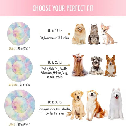 Cat Beds for Indoor Cats - Anti Anxiety Round Dog Beds for Small Medium Dogs, Fluffy Plush Faux Fur Pet Bed (Rainbow, Large 24" L x 24" W)