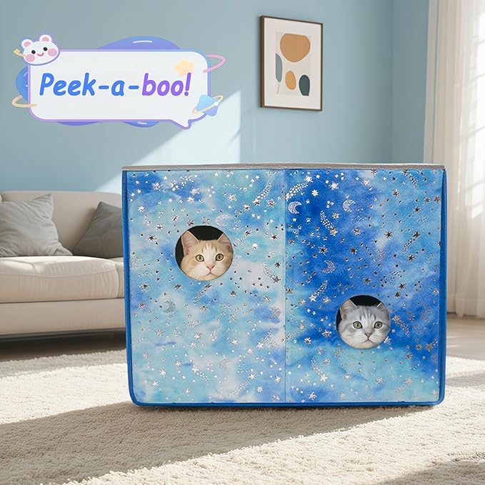 CWV Cat Houses for Indoor Cats, Cute Cat Cave Bed with Scratch Pad, Foldable Cat Cube for Multiple Large Cats, 17X17x13inch, Star Design
