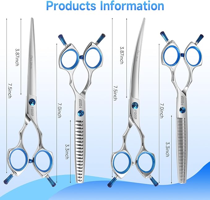 Dog Grooming Scissors Set 7.5 in Professional Curved Thinning Straight Chunker Shears 4Pcs Kit Grooming Big Dogs Poodle Pet Japan 440C Stainless Steel(7.5'',Kit)