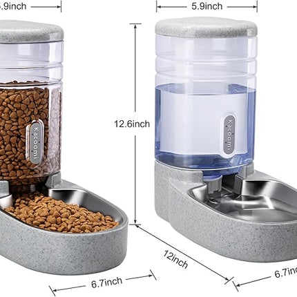 Automatic Cat Feeder and Water Dispenser with Stainless Steel Bowl Gravity Food Feeder and Waterer Set for Small Medium Dog Puppy Kitten 1 Gallon x 2(Grey)