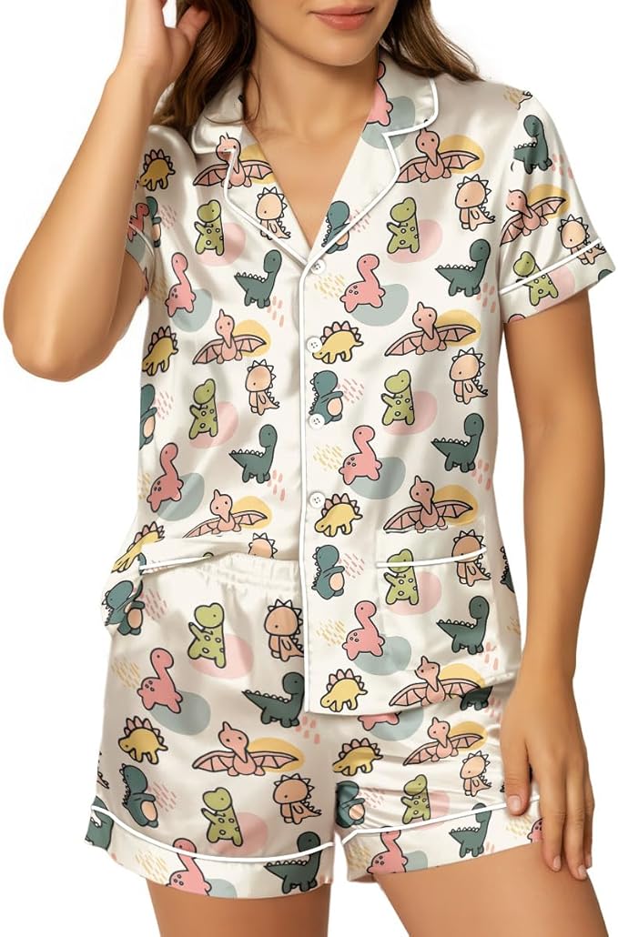 Women’s Silk Satin Pajama Set, Short Sleeve Button Down 2 Piece PJs with Shorts, Cozy Loungewear & Matching Holiday Pajamas