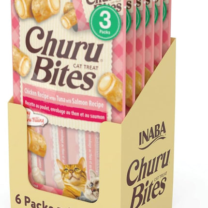 INABA Churu Bites for Cats, Soft/Chewy Baked Chicken Wrapped Churu Filled Cat Treats with Vitamin E, 0.35 Ounces per Tube, 18 Tubes Total (3 Tubes per Pack), Tuna with Salmon Recipe