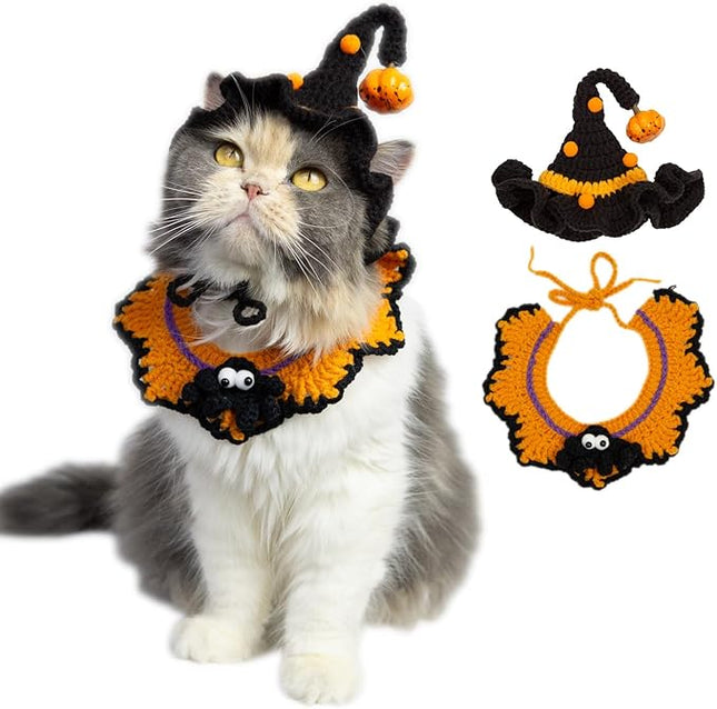 Hand-Knit Halloween Pet Costume-Spider & Black Witch Hat for Cats and Small Sized Dogs,Festive Halloween-Themed Cat Apparel,Comfortable and Breathable Dog Halloween Outfits,Cat Witch Costume