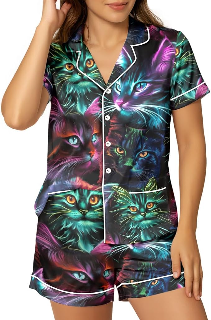 Women’s Silk Satin Pajama Set, Short Sleeve Button Down 2 Piece PJs with Shorts, Cozy Loungewear & Matching Holiday Pajamas