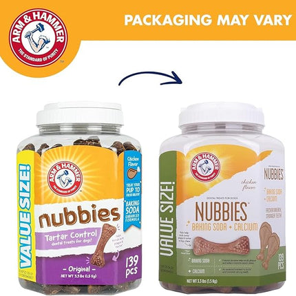 Arm & Hammer for Pets Nubbies Dental Treats for Dogs with Baking Soda and Calcium, Treat Chews Help Fight Bad Breath, Plaque & Tartar, Chicken, Value Bucket, 139 Pcs, 2-Pack (Packaging May Vary)