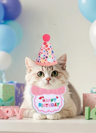 Cat Birthday Party Supplies Adjustable Pink Cat Birthday Hat with Number and Kitten Bandana Outfits Set for Girl Cats Party Decorations for 0-9 Years Cats