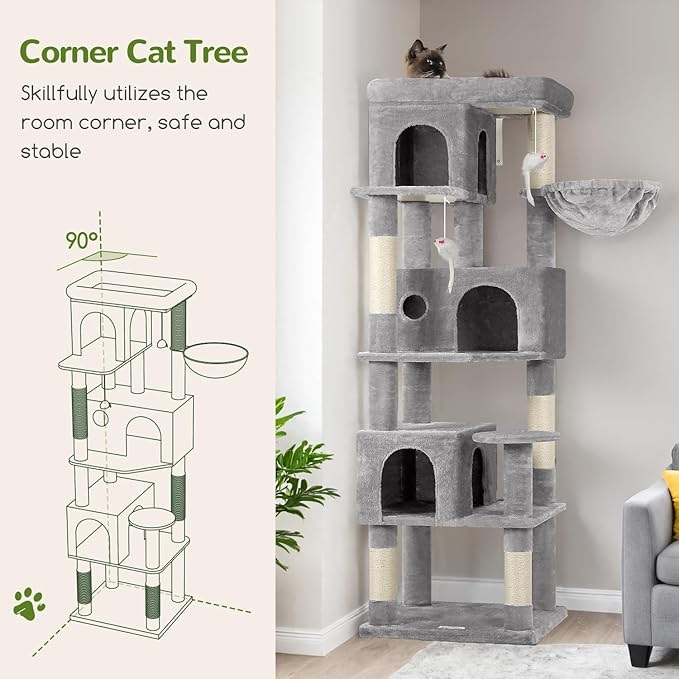 Globlazer Corner Cat Tree 66 inch Multi-Level Climbing Tower Kitty Condos Cat Scratching Tower for Indoor Multiple Cats with Large Platform, 3 Cat Caves, F66, Light Grey