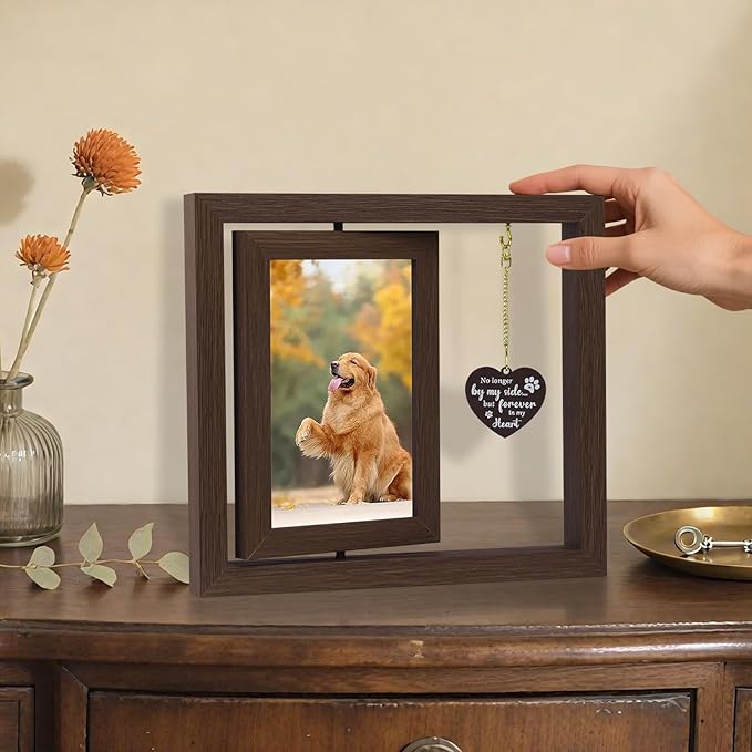 Dog Memorial Gifts for Loss of Dog Wooden Picture Frames for 4x6 Photos，2 Inch Color-Heart Shape Crystal Suncatcher, Pet Memorial Gifts for Dogs Bereavement Sympathy Gifts