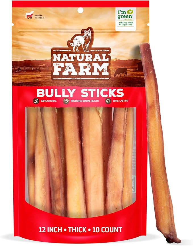 Natural Farm Extra-Thick 12-Inch Beef Bully Sticks Dog Chews (10-Pack) - Odor-Free Dental Treats for Dogs