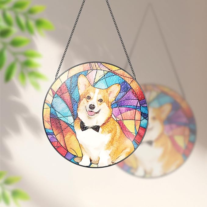 Personalized Pet Portrait Stained Glass Suncatcher, Custom Window Hanging Dog Cat Memorial Suncatcher, Pet Memorial Sympathy Gifts for Loss of Dog