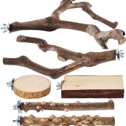 6-Piece Bird Perch Set - Natural Wood Grape Sticks, Paw Grinding Forks, Bird Stand & Toys for Parakeets, Cockatiels, Conure, Budgies