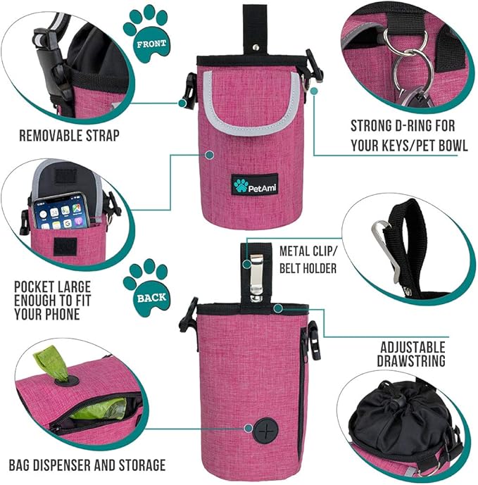 PetAmi Dog Treat Pouch, Large Pet Training Treat Pouch with Pocket, Dog Trainer Essentials Supply Holder with Poop Bag Dispenser, Training Bag for Kibbles Toys, 3 Ways to Wear (Pink)