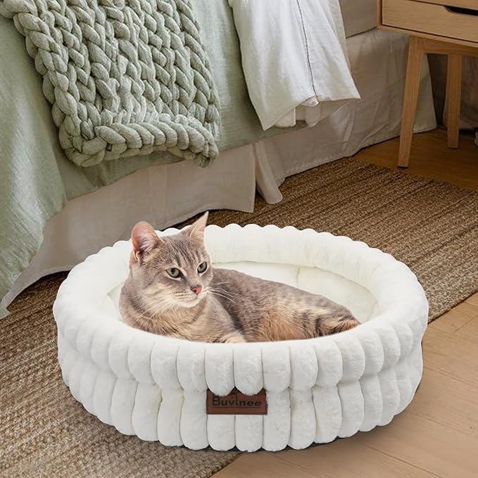 Cat Beds for Indoor Cats, Washable Round Bed for Small Dogs, Soft Pet Bed for Puppy and Kitten with Anti-Slip Bottom (White, 20in)