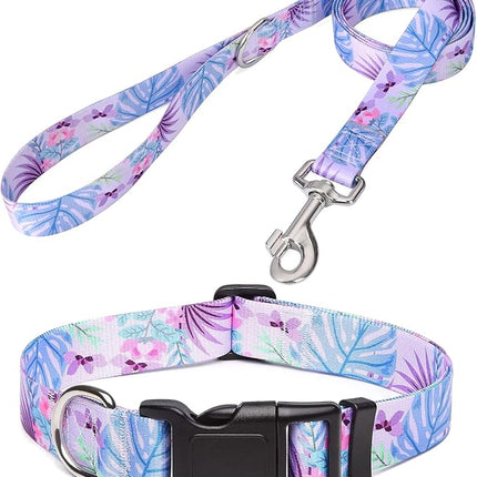 Dog Collar and Leash Set with Bohemia Floral Tribal Geometric Patterns - Soft Ethnic Style Collar Adjustable for Small Medium Large Dogs(Purple Flower Flower Set,S)