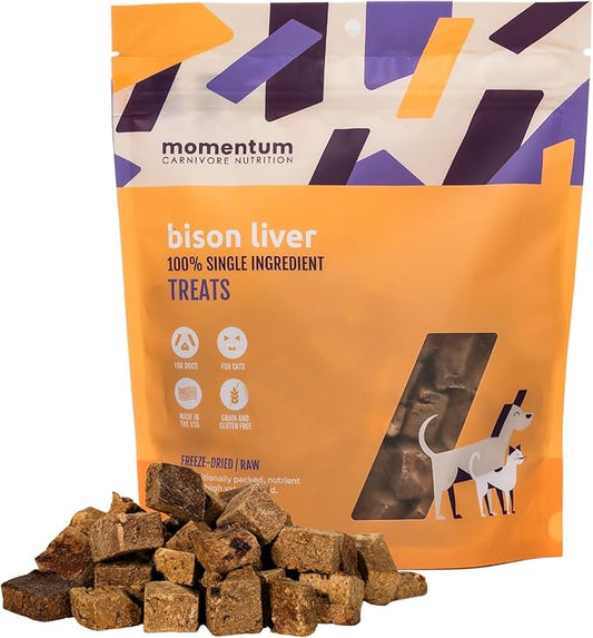 Momentum Carnivore Nutrition Freeze-Dried Bison Liver Dog Treats – Single-Ingredient, Dog & Cat Treats – High-Protein, Grain-Free– 4 oz Pack