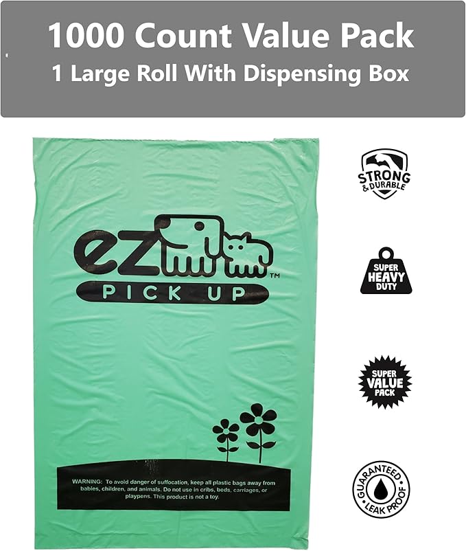 1000 Pet Waste Disposal Dog Poop Bags, EZ Pickup Bags Green (single roll, not on small rolls)