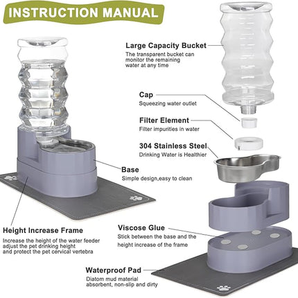 RIZZARI Large Water Dispenser for Dogs: 8L Gravity Gray Automatic Stainless Steel Waterer with Specialized Brush and Triple Filter - Raised Pet Feeder for Senior Dogs with Joint Pain in Bedroom Garden