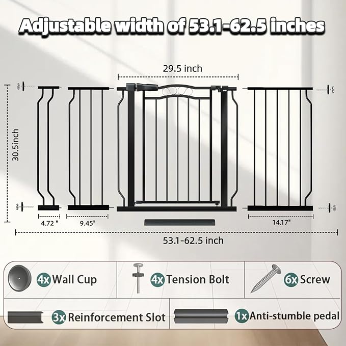 53.1-62.5 Inch Extra Wide Baby Gate, Pressure Mounted Dog Gate Indoor, Walk Thru Pet Gate for Cat Dog Child,Pet Gates for The House Doorway Black