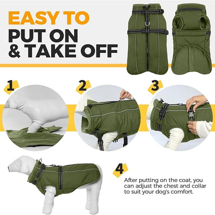 Lelepet Dog Coat with Harness Built in, Waterproof Dog Jacket for Large Dogs Reflective Winter Jacket with Zip Warm Cold Weather Coats for Dogs,Turtleneck Snowsuit, Great Dane, Army Green, XXXL