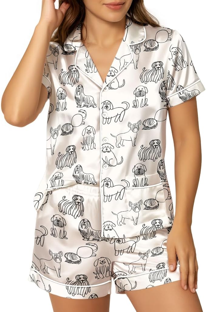 Women’s Silk Satin Pajama Set, Short Sleeve Button Down 2 Piece PJs with Shorts, Cozy Loungewear & Matching Holiday Pajamas