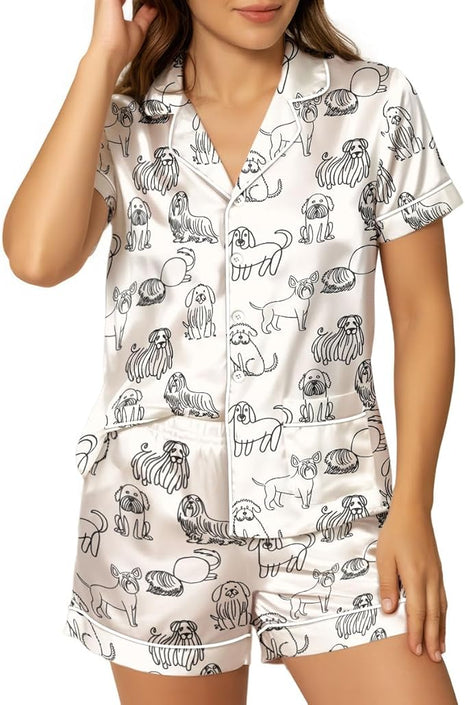 Women’s Silk Satin Pajama Set, Short Sleeve Button Down 2 Piece PJs with Shorts, Cozy Loungewear & Matching Holiday Pajamas