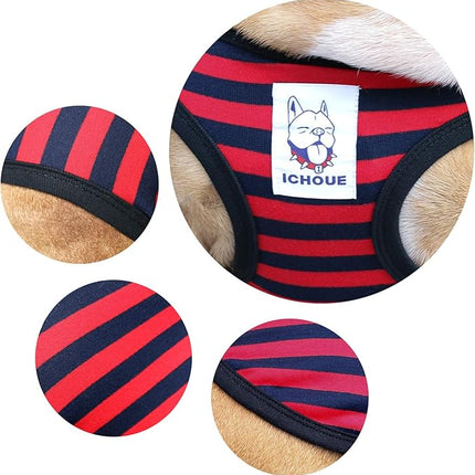 iChoue French Bulldog 100% Breathable Cotton Striped T Shirts Halloween Vest Clothes for Medium Dogs Tank Tops Frenchie Pug English Boston Terrier Pitbull Red Blue Stripes - Large
