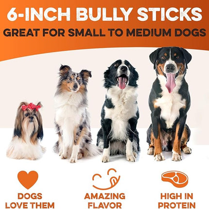 BRUTUS & BARNABY Bully Sticks for Dogs, 6" – Low-to-No Odor, Grass-Fed, Rawhide-Free Chews for Aggressive Power Chewers