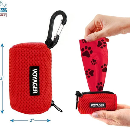 Best Pet Supplies Dog Poop Bag Holder Leash Attachment with 15 Bags, Red, Reusable Mesh Dispenser Pouch for Travel, Walking, Park, and Outdoor Use, Soft and Durable with Clip-On