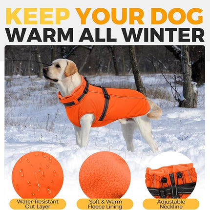 Lelepet Dog Winter Coat Waterproof Dog Jacket with Harness Built in Windproof Reflective Pet Coats for Small Medium Large Dogs, Thermal Fleece Lined Coats for Cold Weather Walking Hiking, Orange, XL