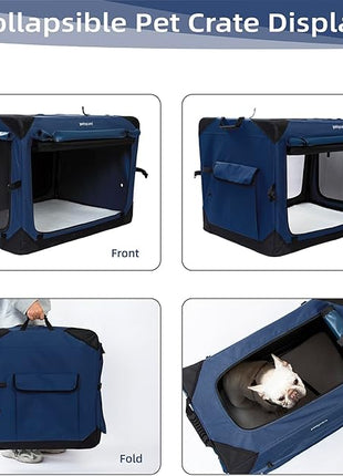 Pettycare 42 Inch Collapsible Dog Crate with Curtains Travel Dog Crate for Airflow and Calm Soft Pet Kennel with Portable Bag and More Chew Proof Mesh Indoor & Outdoor Navy Blue 4 Door Curtains