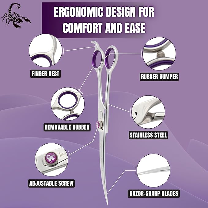 Kenchii Scorpion Dog Grooming Scissors, 9 Inch Curved Shears, Dog Scissors for Grooming, Professional Pet Grooming Scissors, Heavy Duty, Durable and Sharp