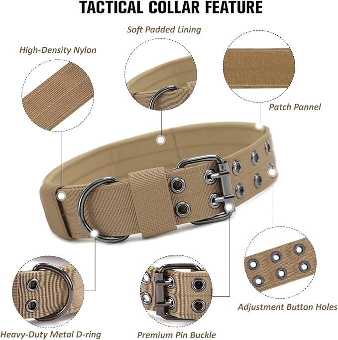 Tactical Dog Collar with Handle, Military Adjustable Heavy Duty Metal Buckle Dog Collars Soft Nylon Training Collar for Medium Large Dogs (Brown, Medium)