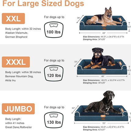 Large Dog Bed Orthopedic Washable: Beds Bolster XL Bed Large Big Dogs Memory Foam Couch Sofa Waterproof with Removable Cover - Navy Blue