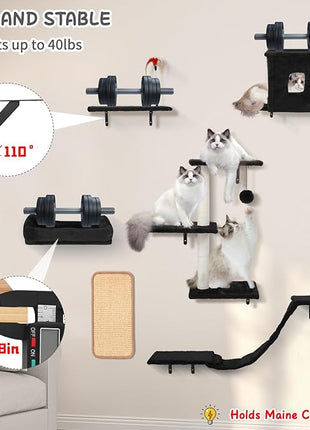 Cat Wall Shelves, 6 in 1 Cat Wall Furniture Set with Condos House, Bed, Bridge, Tree, Steps, Scratching Board, DIY Walls Playground for Indoor (Black)