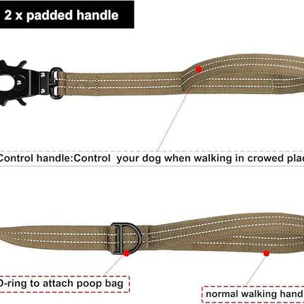 ICEFANG Tactical Dog Leash,K9 Training Walking Bungee Lead with 2 Control Handle,Heavy Duty Quick Release Metal Clasp,Hands Free D-Ring for Medium Large Dogs (4ft,Reflective Brown)