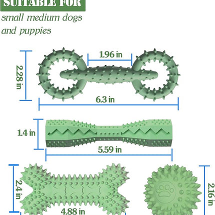 4 Pack Puppy Toys for 2-8 Months Pets Dog Chew Toy for Small Puppies Teething Toys for Cleaning Teeth Food Dispensing Soft Durable Rubber Bone Funny Ball Interactive Donut Treat Dumbbell (Green)