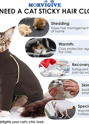 Cat Pajamas - Coffee, L - Prevents Hair Loss, Sticky Hair Clothes, Sphynx Clothes, Anti-Licking or Skin Disease Recovery Suit for Female Cats, Pet Apparel Onesie