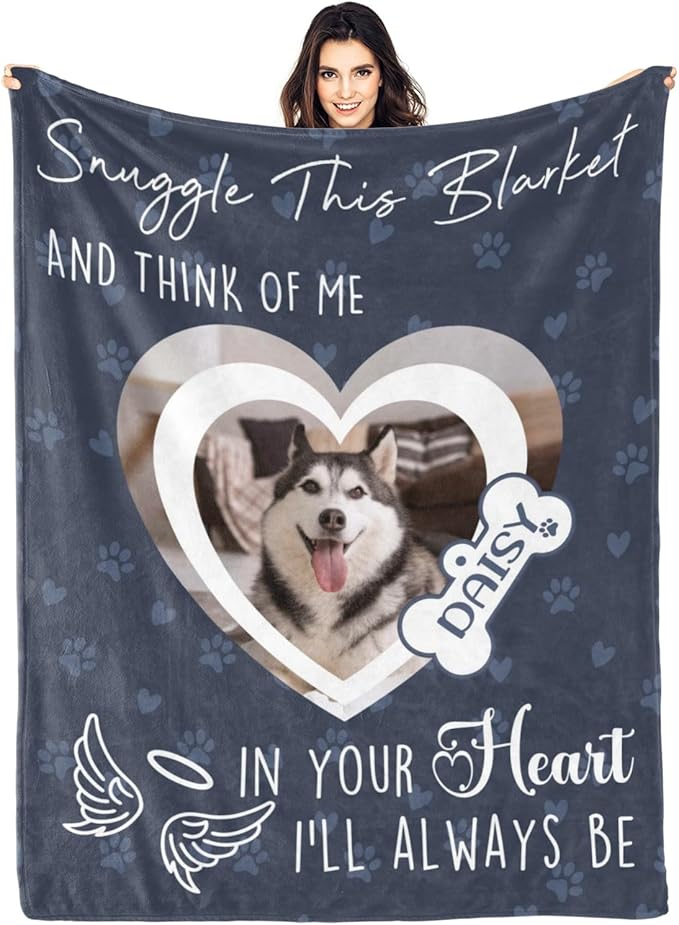 Pet Memorial Gifts for Lost of Dogs Cats, Personalized in Loving Memory Blanket with Photo, in Memory of Dog Sympathy Gift Bereavement Remembrance Passing Away Gifts, Custom Pet Picture Blanket